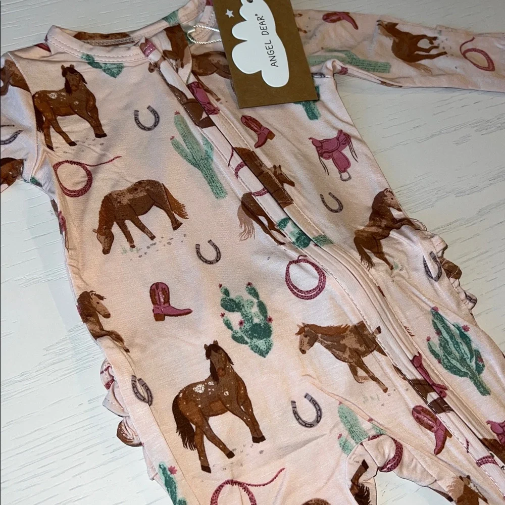 Angel Dear Ruffle Back Footie Western Horses Pink 0-3 3-6 6-9 9-12 month